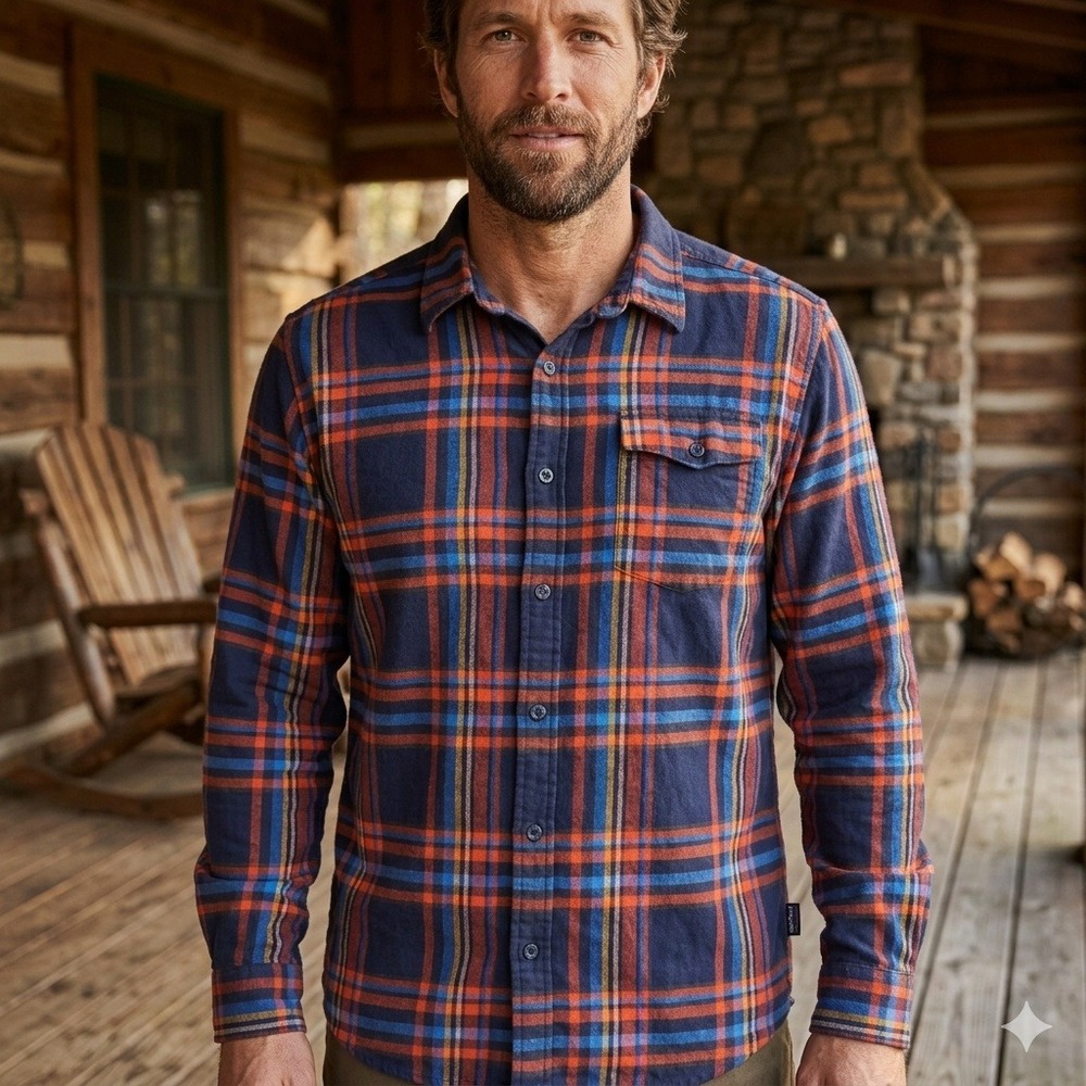 Patagonia Fjord Flannel Shirt Mens Large Navy Orange Plaid Organic Cotton 54020